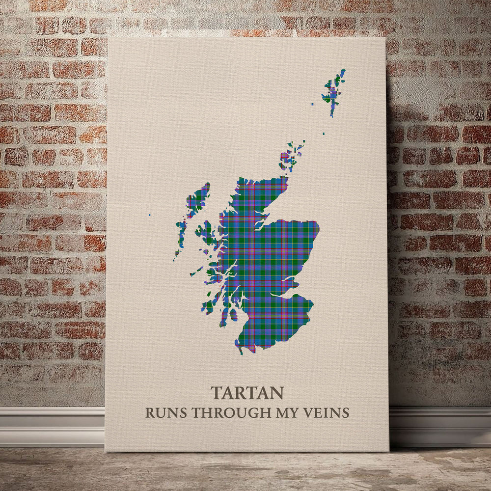 Pitcairn Hunting Tartan Scotland Map Canvas – “Tartan Runs Through My Veins” Wall Art