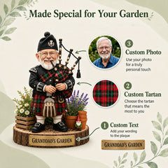 Personalized Baxter Clan Bagpipe Garden Gnome Caricature Plaque Custom Photo, Any Clan Tartan, Wood or Acrylic, Grandpa & Dad Gift, Scottish Highland Garden Decor WP90