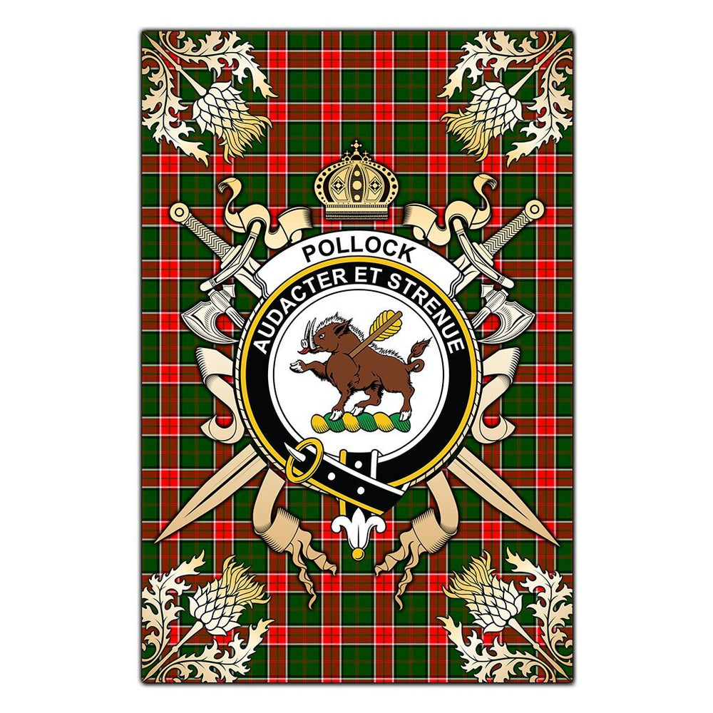 Clan Pollock Modern Tartan Crest Black Garden Flag - Gold Thistle EX42 Clan Pollock Tartan Today
