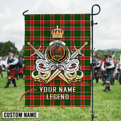 Custom Name Clan Pollock Modern Tartan Garden Flag with Clan Crest and the Golden Sword of Courageous Legacy