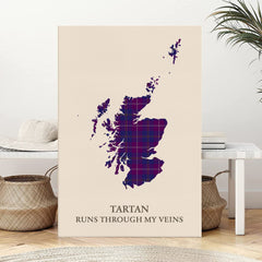 Clan Pride of Glencoe Tartan Scotland Map Canvas “Tartan Runs Through My Veins” Wall Art KY31