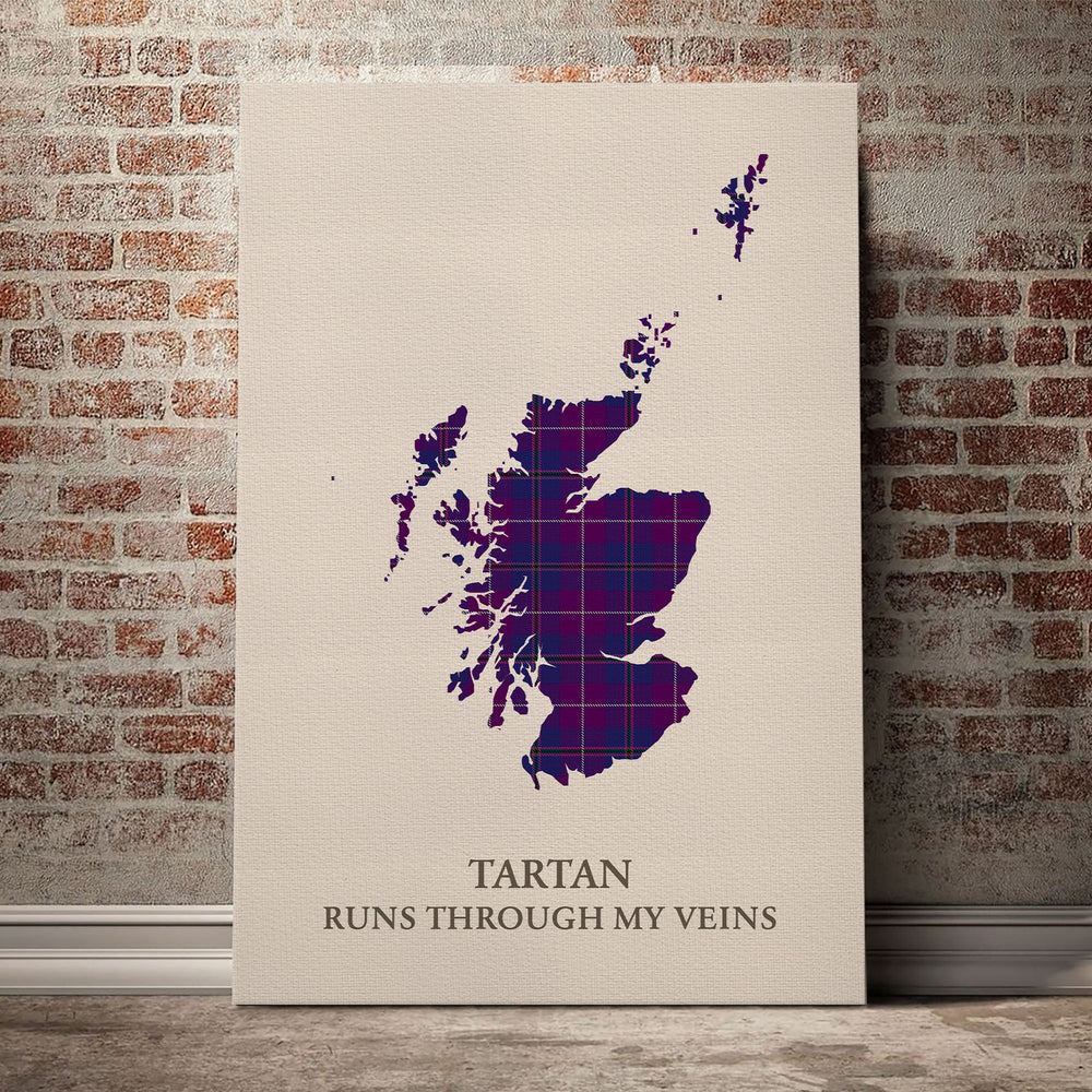 Pride of Glencoe Tartan Scotland Map Canvas – “Tartan Runs Through My Veins” Wall Art