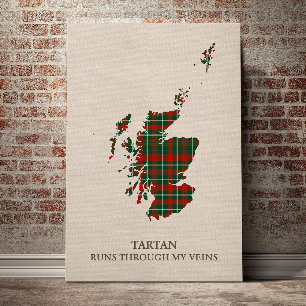 Prince of Wales Tartan Scotland Map Canvas – “Tartan Runs Through My Veins” Wall Art