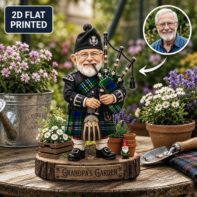 Personalized Purves (Tweedside) Clan Bagpipe Garden Gnome Caricature Plaque Custom Photo, Any Clan Tartan, Wood or Acrylic, Grandpa & Dad Gift, Scottish Highland Garden Decor VY96