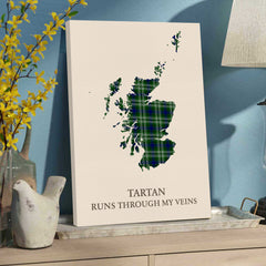 Clan Purves (Tweedside) Tartan Scotland Map Canvas “Tartan Runs Through My Veins” Wall Art PC18