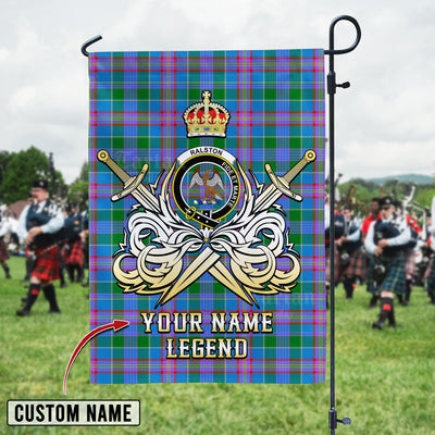 Custom Name Clan Ralston Tartan Garden Flag with Clan Crest and the Golden Sword of Courageous Legacy