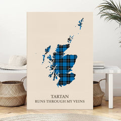 Clan Ramsay Blue Ancient Tartan Scotland Map Canvas “Tartan Runs Through My Veins” Wall Art SR32