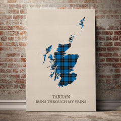 Ramsay Blue Ancient Tartan Scotland Map Canvas – “Tartan Runs Through My Veins” Wall Art