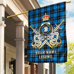 Custom Name Clan Ramsay Blue Ancient Tartan Garden Flag with Clan Crest and the Golden Sword of Courageous Legacy GM87