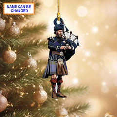 Rennie Modern Tartan Bagpipe Ornament with Custom Name