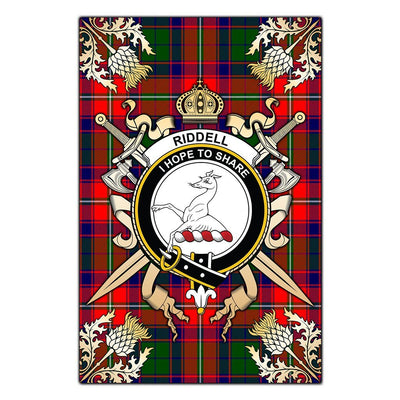 Clan Riddell Tartan Crest Black Garden Flag - Gold Thistle