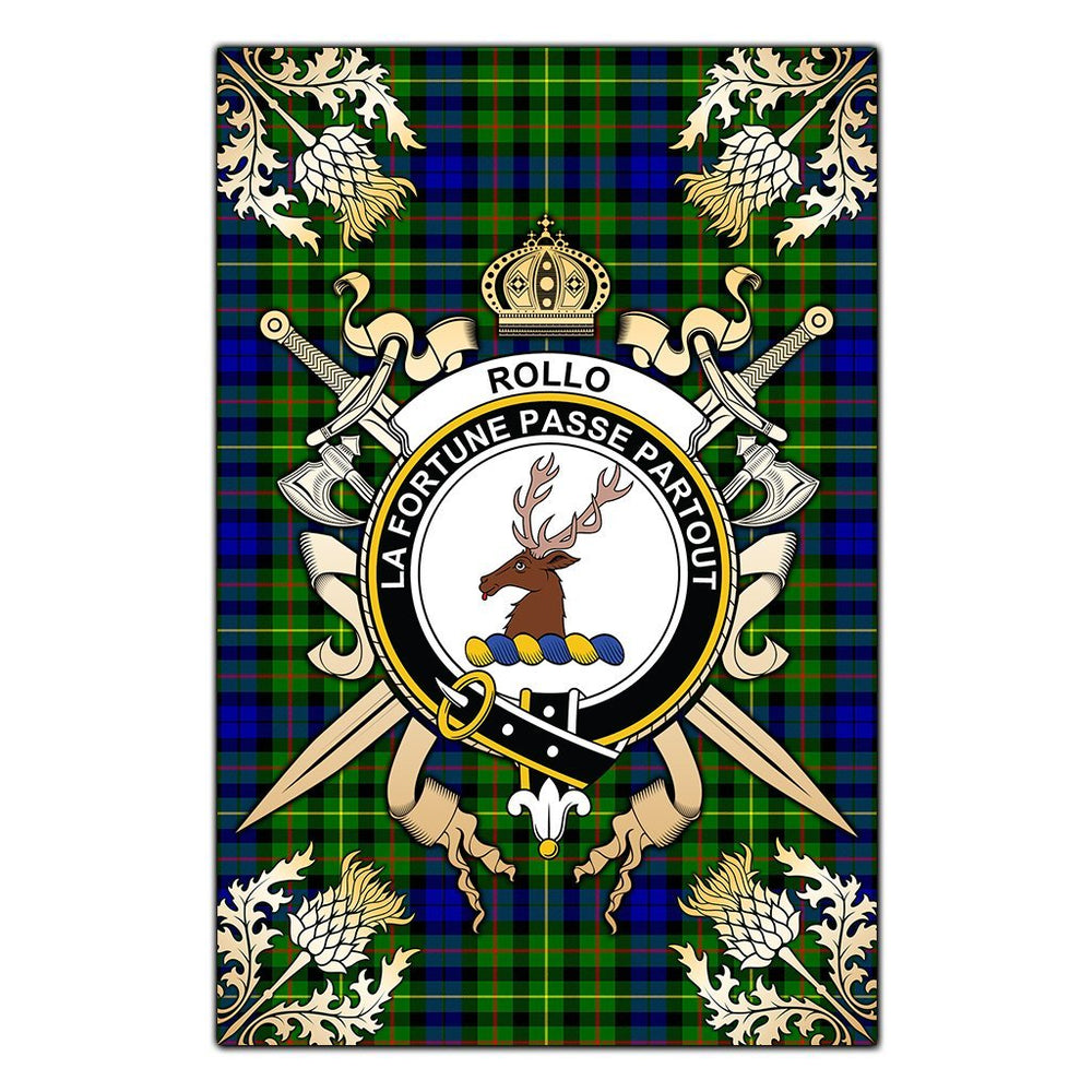 Clan Rollo Modern Tartan Crest Black Garden Flag - Gold Thistle UX13 Clan Rollo Tartan Today