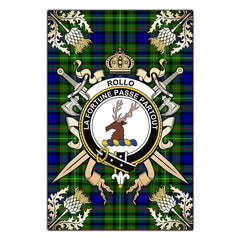 Clan Rollo Modern Tartan Crest Black Garden Flag - Gold Thistle UX13 Clan Rollo Tartan Today