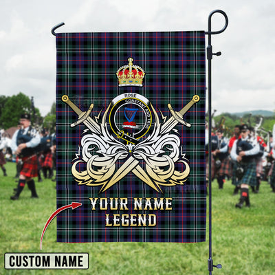 Custom Name Clan Rose Hunting Modern Tartan Garden Flag with Clan Crest and the Golden Sword of Courageous Legacy