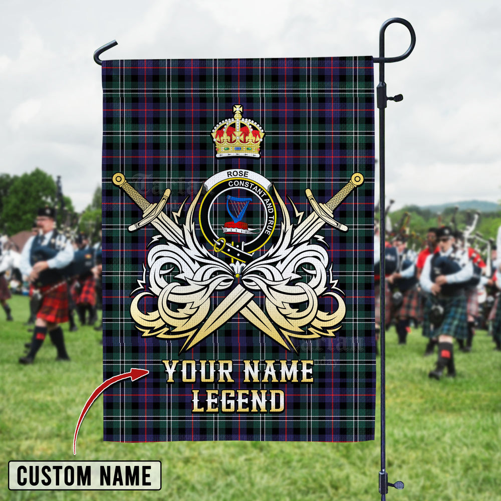 Personalized Custom Name Clan Rose Hunting Modern Tartan Garden Flag with Clan Crest and the Golden Sword of Courageous Legacy QZ42 - Rose Hunting Modern Tartan Design, Scottish Heritage Gift