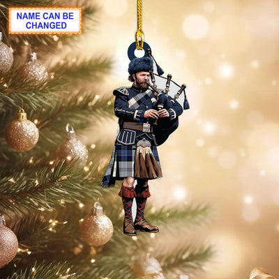 Personalized Clan Ross Dress Blue Modern Tartan Bagpipe Ornament with Custom Name – Scottish Christmas Tree Decoration