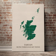 Ross Hunting Ancient Tartan Scotland Map Canvas – “Tartan Runs Through My Veins” Wall Art