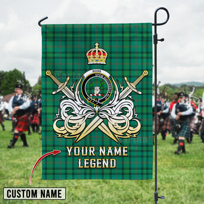 Custom Name Clan Ross Hunting Ancient Tartan Garden Flag with Clan Crest and the Golden Sword of Courageous Legacy