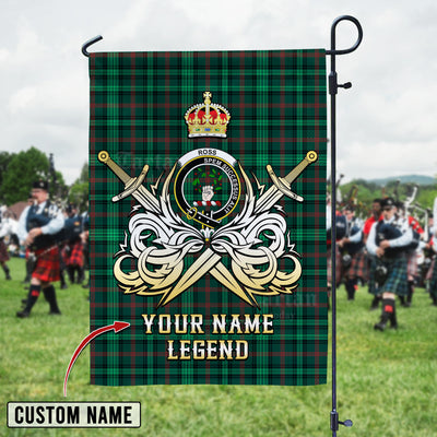 Custom Name Clan Ross Hunting Modern Tartan Garden Flag with Clan Crest and the Golden Sword of Courageous Legacy