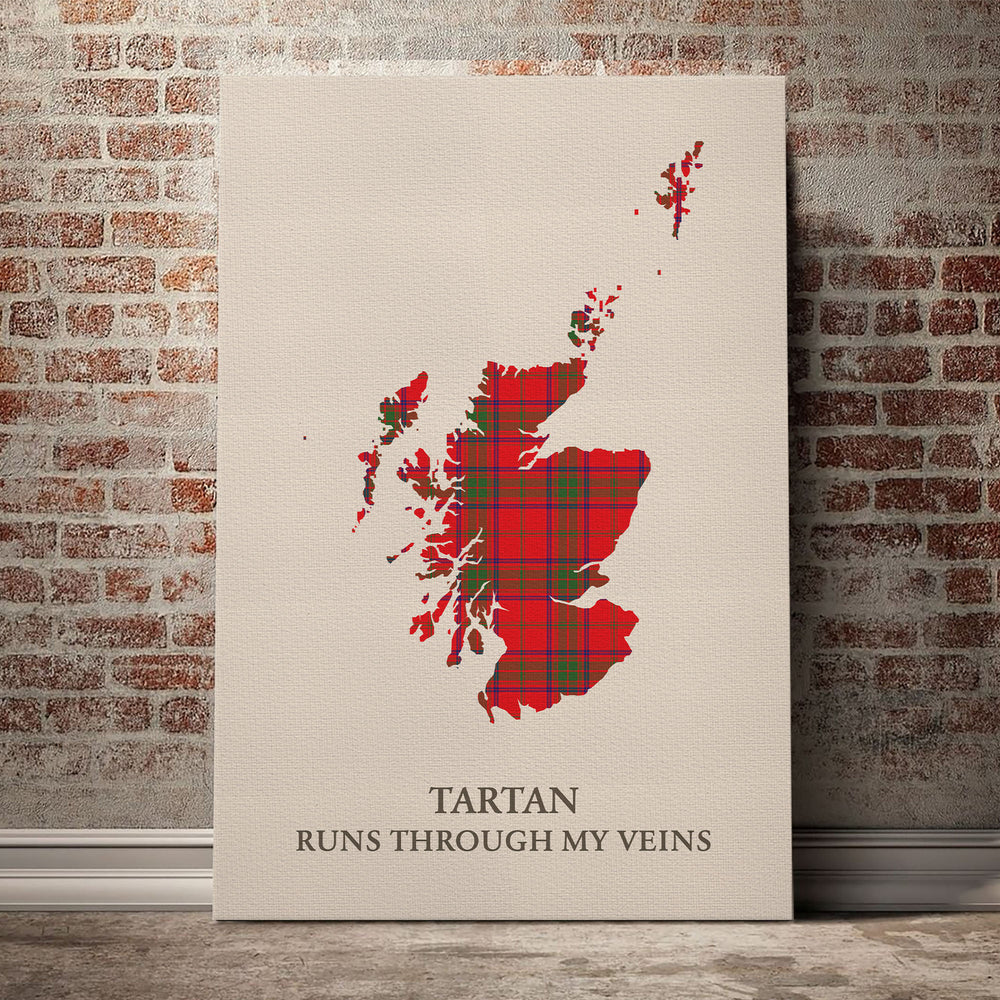 Ross Modern Tartan Scotland Map Canvas – “Tartan Runs Through My Veins” Wall Art