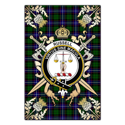 Clan Russell Modern Tartan Crest Black Garden Flag - Gold Thistle