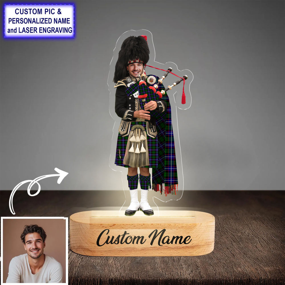 Custom Bagpipe Russell Modern Tartan LED Night Light - Personalized Scottish Bagpiper Figurine with Wooden Stand
