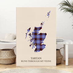 Clan Rutherford Tartan Scotland Map Canvas “Tartan Runs Through My Veins” Wall Art ZV99