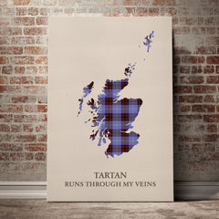 Rutherford Tartan Scotland Map Canvas – “Tartan Runs Through My Veins” Wall Art