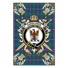 Clan Sandilands Tartan Crest Black Garden Flag - Gold Thistle ST88 Clan Sandilands Tartan Today
