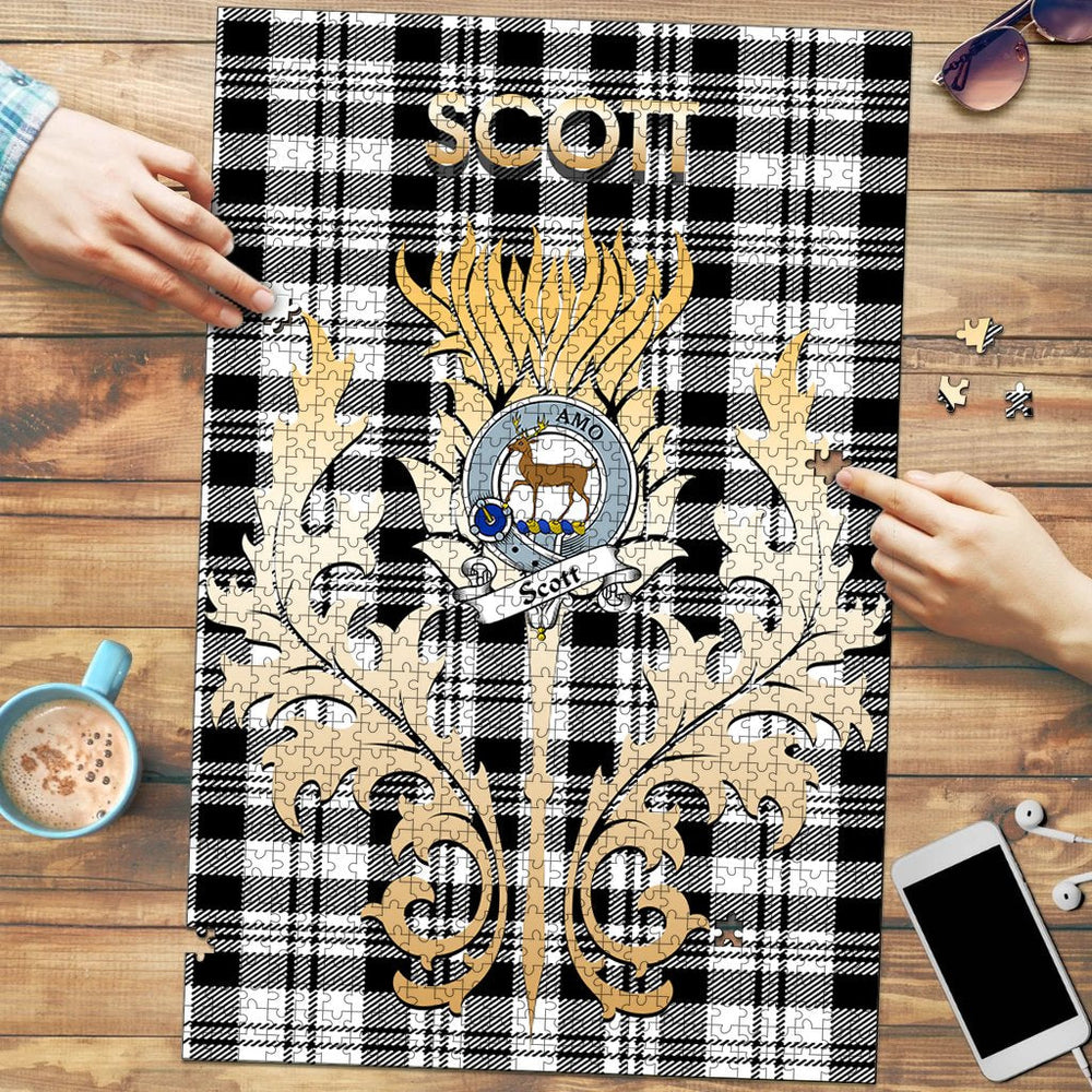 Clan Scott Black White Modern Tartan Crest Thistle Jigsaw Puzzles Gift For Family FB21 Clan Scott (Scott Tartan) Tartan Today