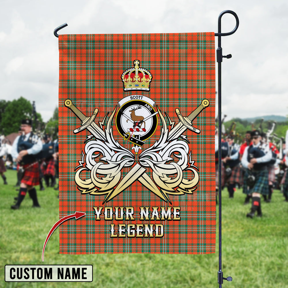 Personalized Custom Name Clan Scott Ancient Tartan Garden Flag with Clan Crest and the Golden Sword of Courageous Legacy HA34 - Scott Ancient Tartan Design, Scottish Heritage Gift