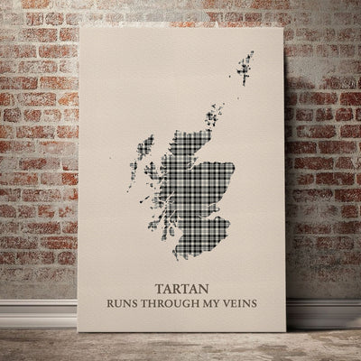Clan Scott Black & White Ancient Tartan Scotland Map Canvas “Tartan Runs Through My Veins” Wall Art XA48