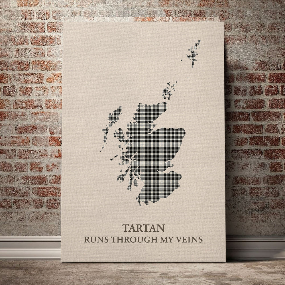 Scott Black & White Ancient Tartan Scotland Map Canvas – “Tartan Runs Through My Veins” Wall Art