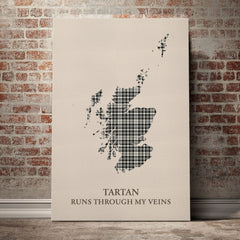 Scott Black & White Ancient Tartan Scotland Map Canvas – “Tartan Runs Through My Veins” Wall Art