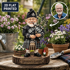 Personalized Scott Black & White Ancient Clan Bagpipe Garden Gnome Caricature Plaque Custom Photo, Any Clan Tartan, Wood or Acrylic, Grandpa & Dad Gift, Scottish Highland Garden Decor XF16