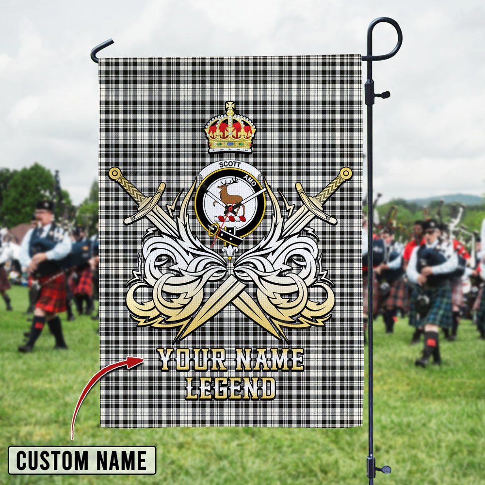 Personalized Custom Name Clan Scott Black & White Ancient Tartan Garden Flag with Clan Crest and the Golden Sword of Courageous Legacy OB15 - Scott Black & White Ancient Tartan Design, Scottish Heritage Gift