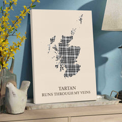 Clan Scott Black & White Modern Tartan Scotland Map Canvas “Tartan Runs Through My Veins” Wall Art ET51