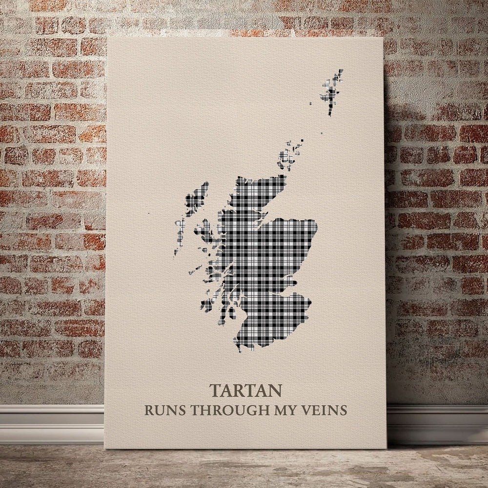 Scott Black & White Modern Tartan Scotland Map Canvas – “Tartan Runs Through My Veins” Wall Art