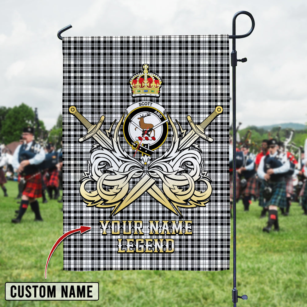 Personalized Custom Name Clan Scott Black & White Modern Tartan Garden Flag with Clan Crest and the Golden Sword of Courageous Legacy GQ70 - Scott Black & White Modern Tartan Design, Scottish Heritage Gift