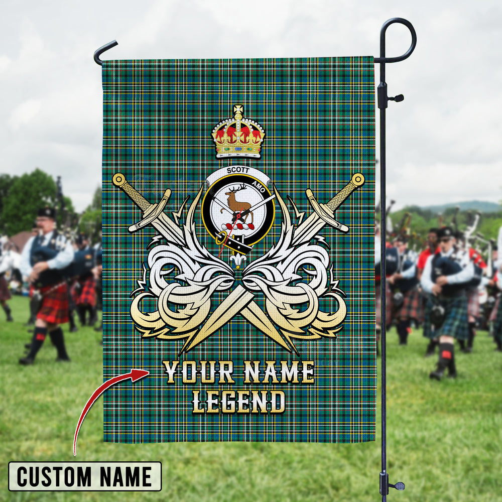 Personalized Custom Name Clan Scott Green Ancient Tartan Garden Flag with Clan Crest and the Golden Sword of Courageous Legacy AW14 - Scott Green Ancient Tartan Design, Scottish Heritage Gift