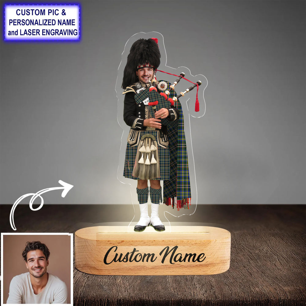 Custom Bagpipe Scott Green Modern Tartan LED Night Light - Personalized Scottish Bagpiper Figurine with Wooden Stand