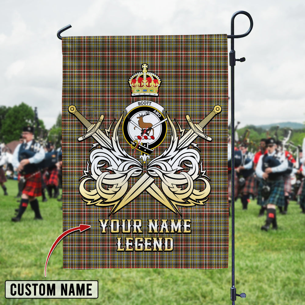Personalized Custom Name Clan Scott Green Weathered Tartan Garden Flag with Clan Crest and the Golden Sword of Courageous Legacy KC17 - Scott Green Weathered Tartan Design, Scottish Heritage Gift