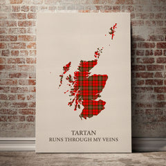 Scott Modern Tartan Scotland Map Canvas – “Tartan Runs Through My Veins” Wall Art