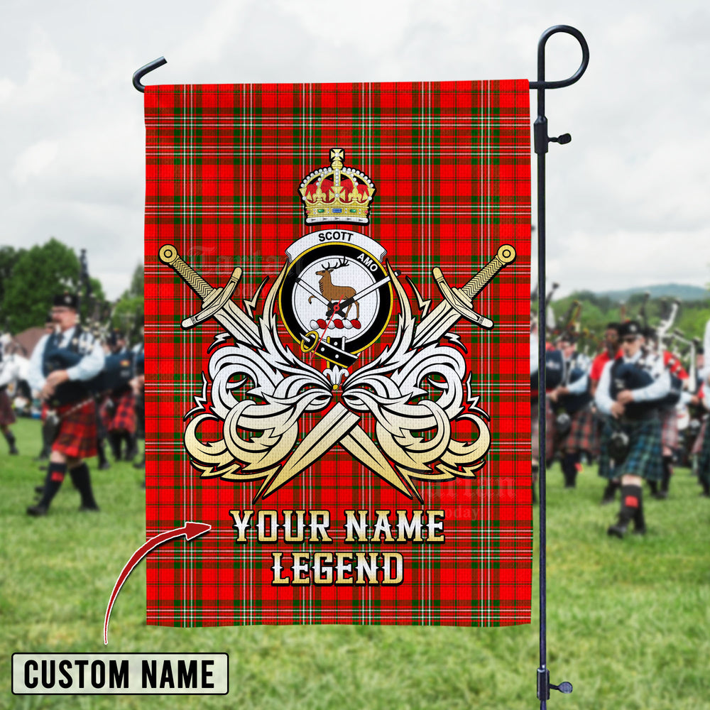 Personalized Custom Name Clan Scott Modern Tartan Garden Flag with Clan Crest and the Golden Sword of Courageous Legacy RM18 - Scott Modern Tartan Design, Scottish Heritage Gift