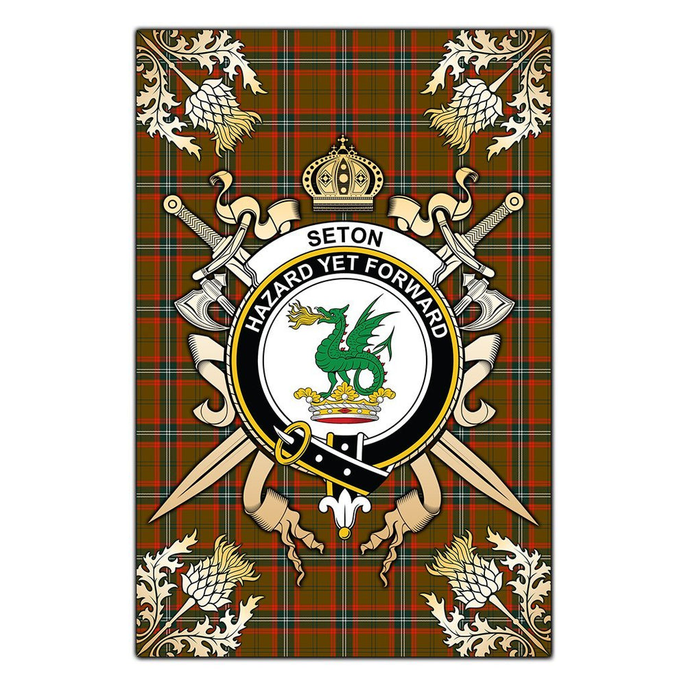 Clan Seton Hunting Modern Tartan Crest Black Garden Flag - Gold Thistle KM91 Clan Seton Tartan Today