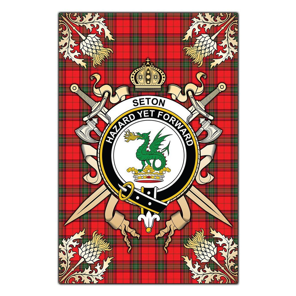 Clan Seton Modern Tartan Crest Black Garden Flag - Gold Thistle BM35 Clan Seton Tartan Today