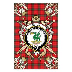 Clan Seton Modern Tartan Crest Black Garden Flag - Gold Thistle BM35 Clan Seton Tartan Today