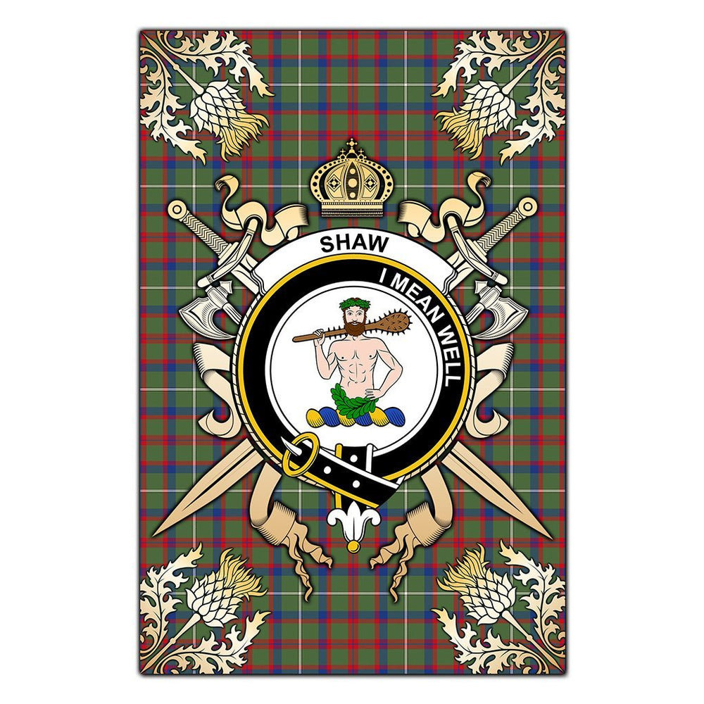 Clan Shaw Green Modern Tartan Crest Black Garden Flag - Gold Thistle JO83 Clan Shaw Tartan Today