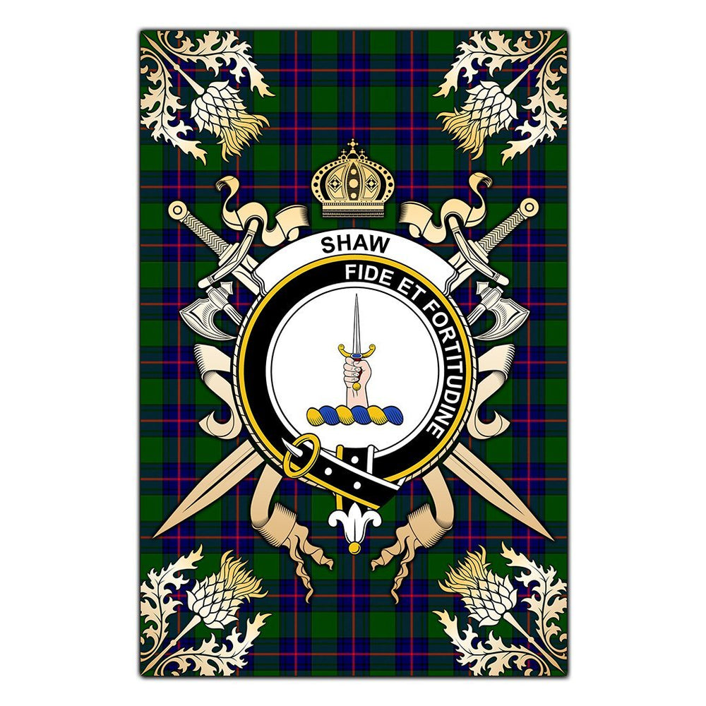 Clan Shaw Modern Tartan Crest Black Garden Flag - Gold Thistle PN27 Clan Shaw Tartan Today