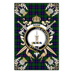 Clan Shaw Modern Tartan Crest Black Garden Flag - Gold Thistle PN27 Clan Shaw Tartan Today